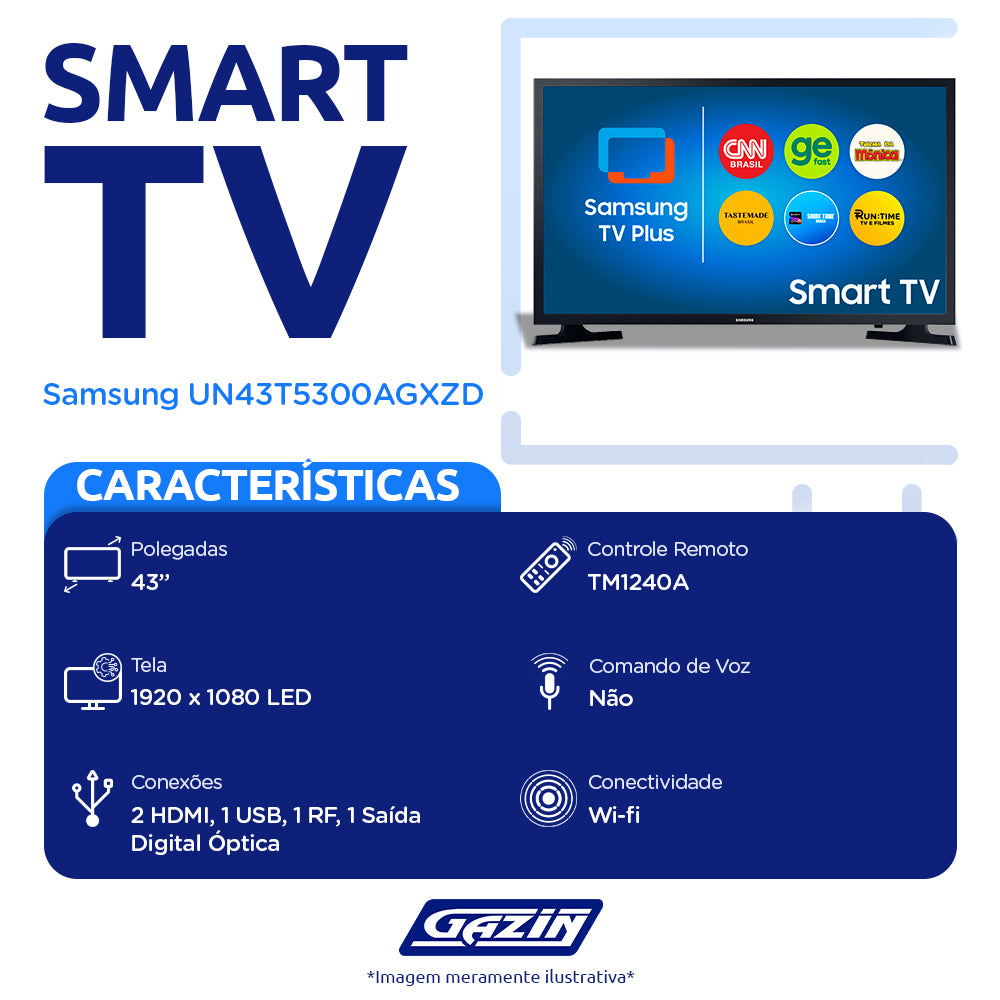 Smart TV Samsung LED 43" Full HD Wi-Fi Tizen HDR UN43T5300AGXZD