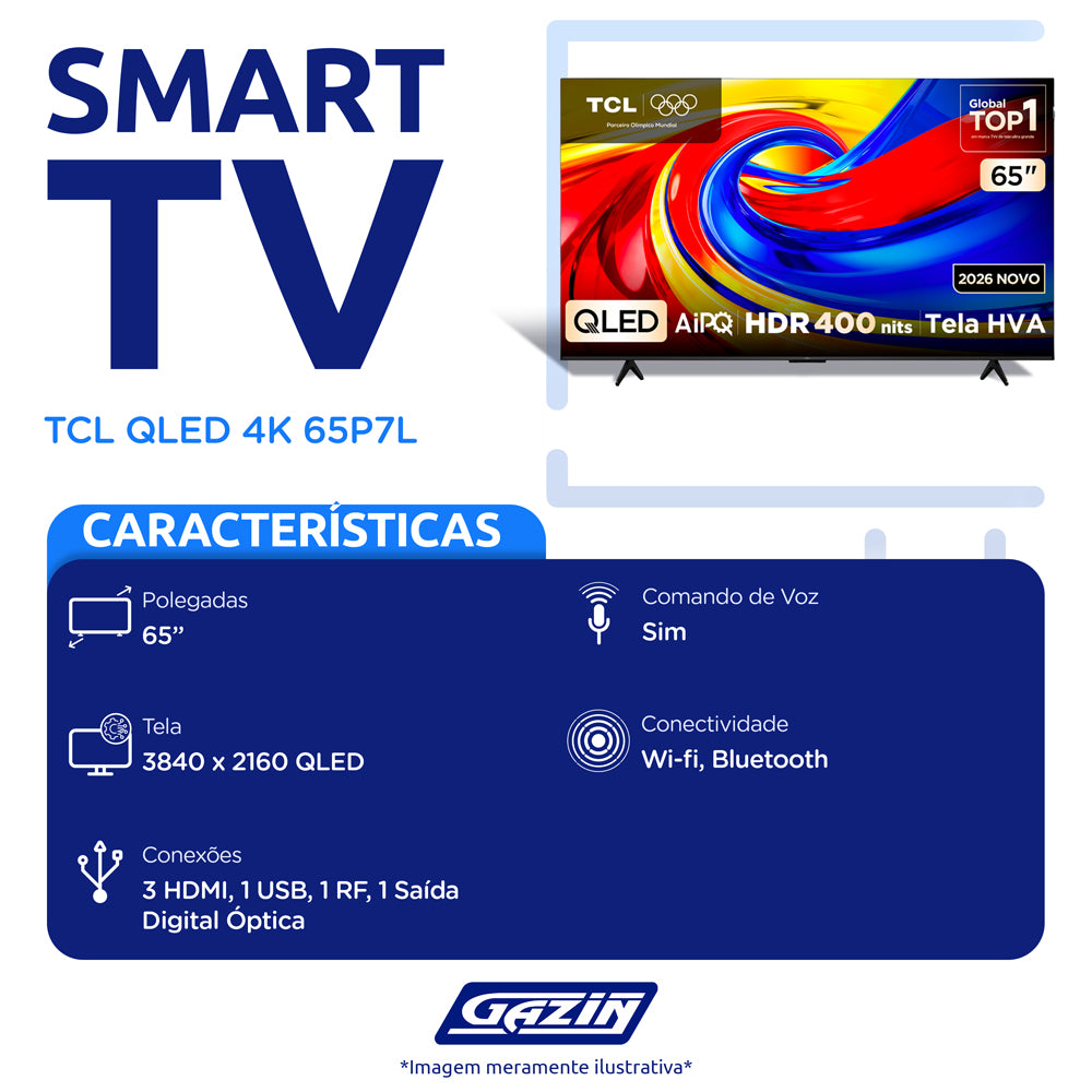 Smart TV TCL QLED 65" 4K Wi-Fi Google TV Comando de Voz 65P7L