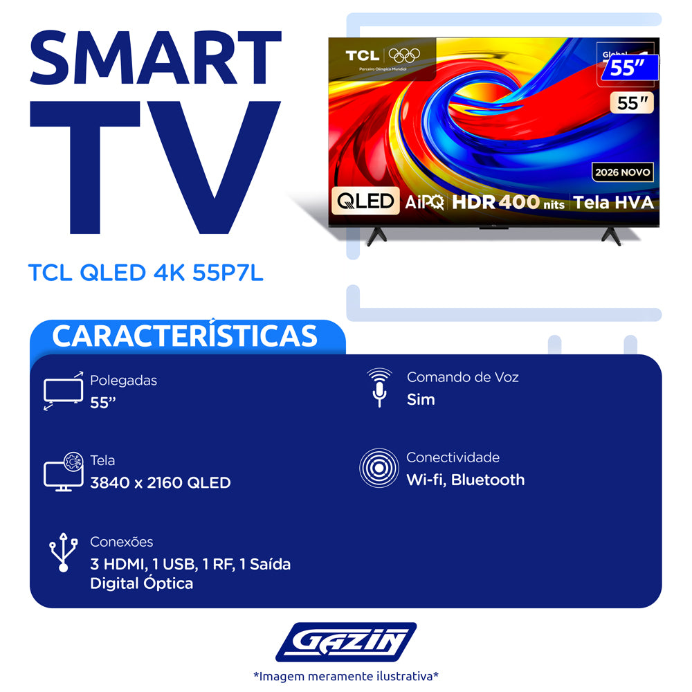 Smart TV TCL QLED 55" 4K Wi-Fi Google TV Comando de Voz 55P7L