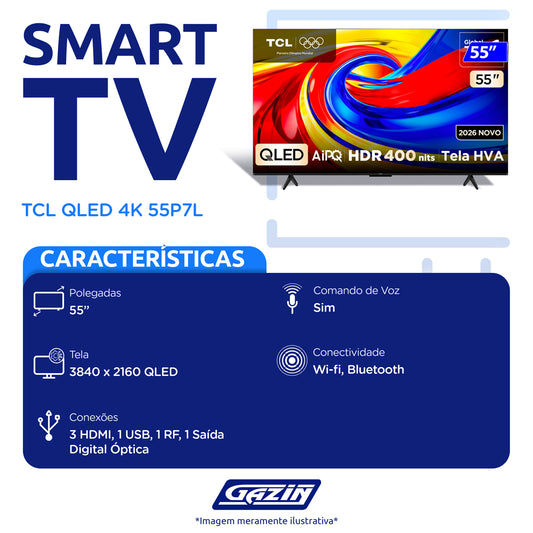Smart TV TCL QLED 55" 4K Wi-Fi Google TV Comando de Voz 55P7L