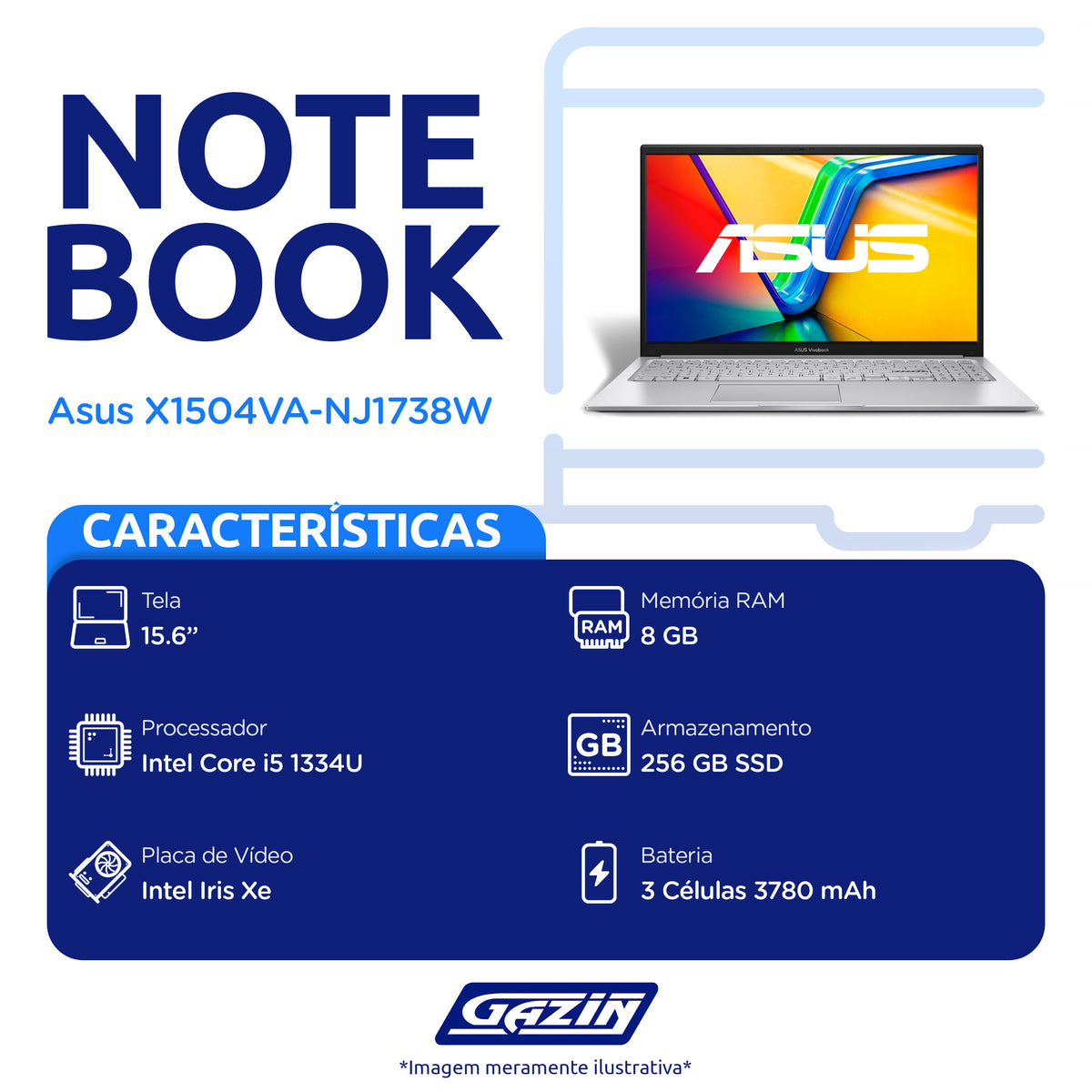 Notebook Asus 15.6" i5 W11 8GB 256GB SSD