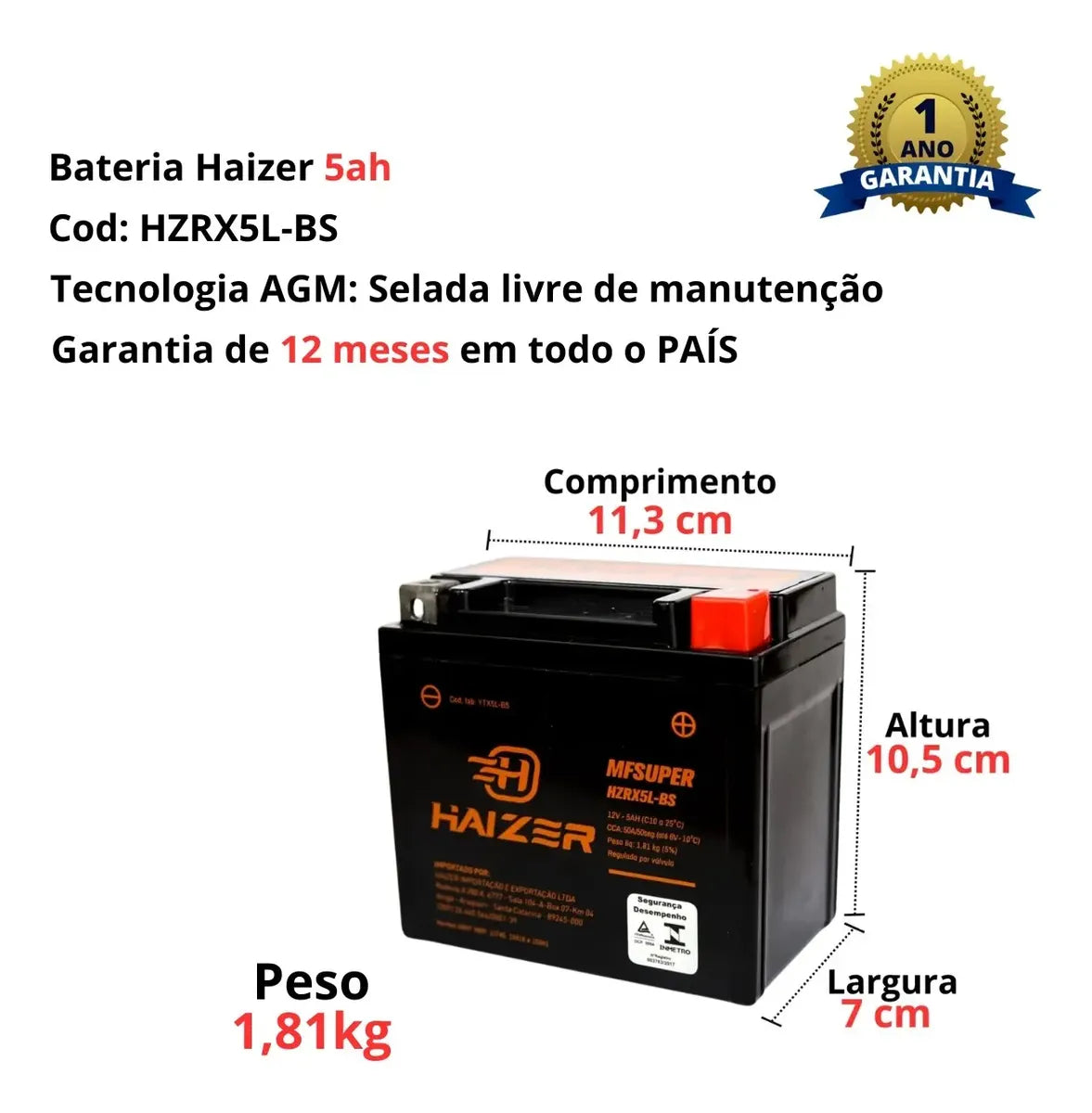 Bateria Moto Haizer 5ah Fan Titan Yamaha Biz 1 Ano Garantia