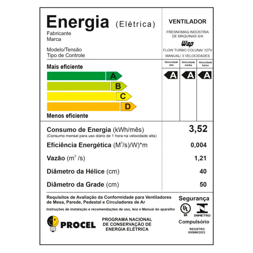 Ventilador Wap Flow Turbo 50cm 8 Pás 3 Velocidades 180W